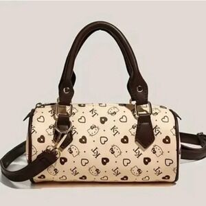 Vintage Y2K Hello Kitty Monogram Satchel Bag Brown Heart Print Barrel Handbag
